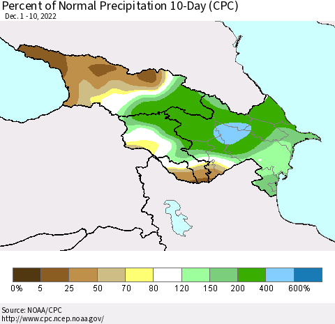Azerbaijan, Armenia and Georgia Percent of Normal Precipitation 10-Day (CPC) Thematic Map For 12/1/2022 - 12/10/2022