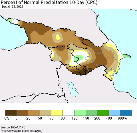 Azerbaijan, Armenia and Georgia Percent of Normal Precipitation 10-Day (CPC) Thematic Map For 12/6/2022 - 12/15/2022