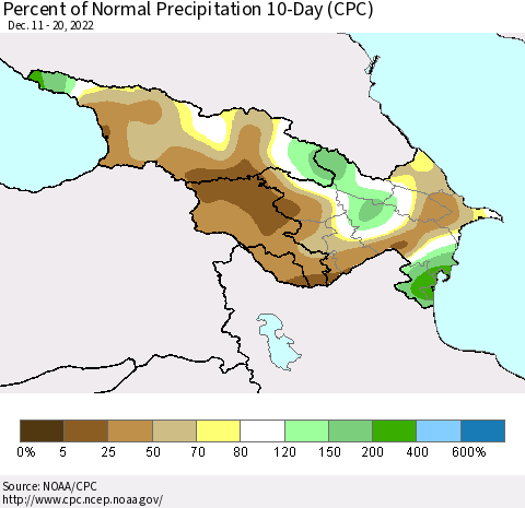 Azerbaijan, Armenia and Georgia Percent of Normal Precipitation 10-Day (CPC) Thematic Map For 12/11/2022 - 12/20/2022