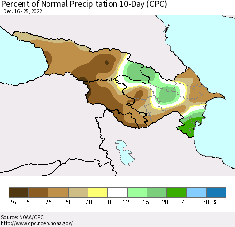 Azerbaijan, Armenia and Georgia Percent of Normal Precipitation 10-Day (CPC) Thematic Map For 12/16/2022 - 12/25/2022