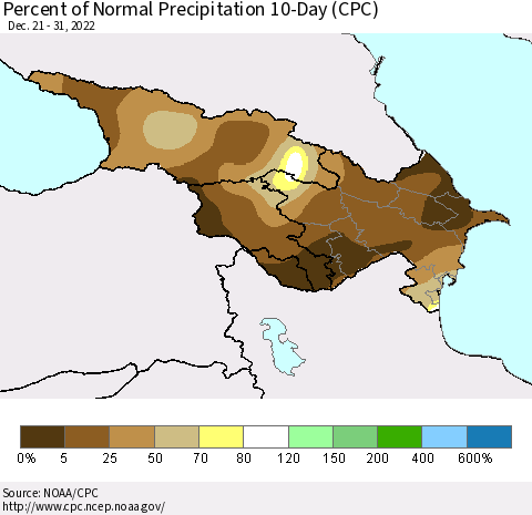 Azerbaijan, Armenia and Georgia Percent of Normal Precipitation 10-Day (CPC) Thematic Map For 12/21/2022 - 12/31/2022