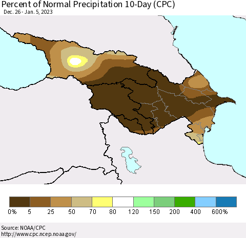 Azerbaijan, Armenia and Georgia Percent of Normal Precipitation 10-Day (CPC) Thematic Map For 12/26/2022 - 1/5/2023