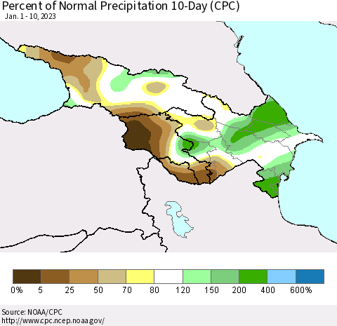 Azerbaijan, Armenia and Georgia Percent of Normal Precipitation 10-Day (CPC) Thematic Map For 1/1/2023 - 1/10/2023