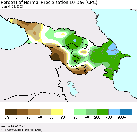 Azerbaijan, Armenia and Georgia Percent of Normal Precipitation 10-Day (CPC) Thematic Map For 1/6/2023 - 1/15/2023