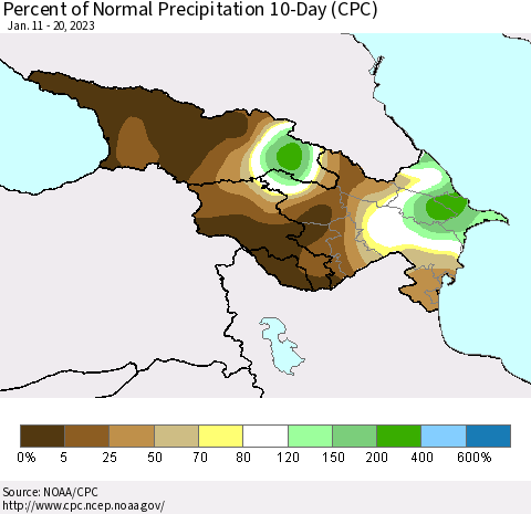 Azerbaijan, Armenia and Georgia Percent of Normal Precipitation 10-Day (CPC) Thematic Map For 1/11/2023 - 1/20/2023