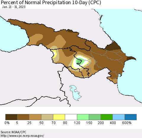 Azerbaijan, Armenia and Georgia Percent of Normal Precipitation 10-Day (CPC) Thematic Map For 1/21/2023 - 1/31/2023