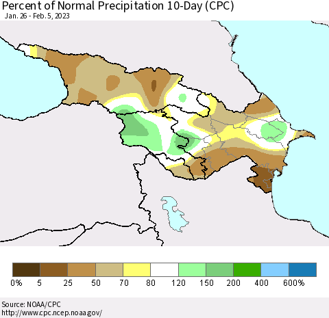 Azerbaijan, Armenia and Georgia Percent of Normal Precipitation 10-Day (CPC) Thematic Map For 1/26/2023 - 2/5/2023
