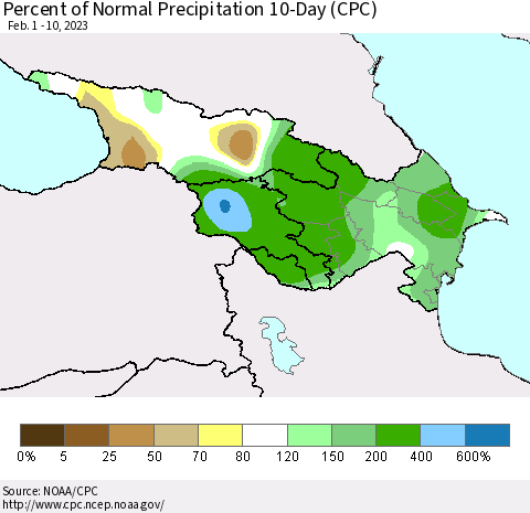 Azerbaijan, Armenia and Georgia Percent of Normal Precipitation 10-Day (CPC) Thematic Map For 2/1/2023 - 2/10/2023