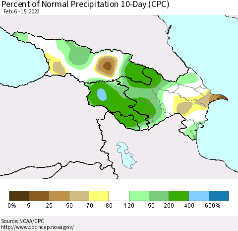 Azerbaijan, Armenia and Georgia Percent of Normal Precipitation 10-Day (CPC) Thematic Map For 2/6/2023 - 2/15/2023
