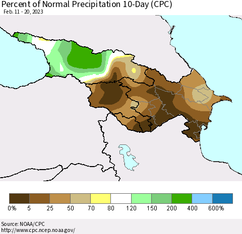 Azerbaijan, Armenia and Georgia Percent of Normal Precipitation 10-Day (CPC) Thematic Map For 2/11/2023 - 2/20/2023