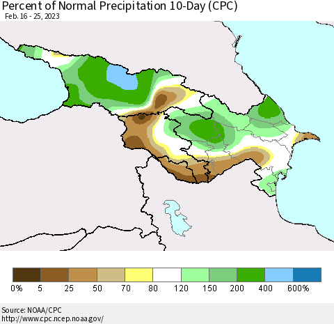 Azerbaijan, Armenia and Georgia Percent of Normal Precipitation 10-Day (CPC) Thematic Map For 2/16/2023 - 2/25/2023