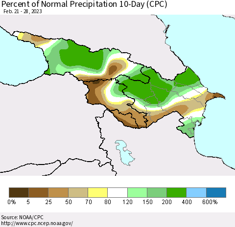 Azerbaijan, Armenia and Georgia Percent of Normal Precipitation 10-Day (CPC) Thematic Map For 2/21/2023 - 2/28/2023