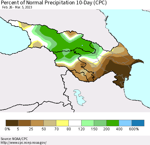 Azerbaijan, Armenia and Georgia Percent of Normal Precipitation 10-Day (CPC) Thematic Map For 2/26/2023 - 3/5/2023
