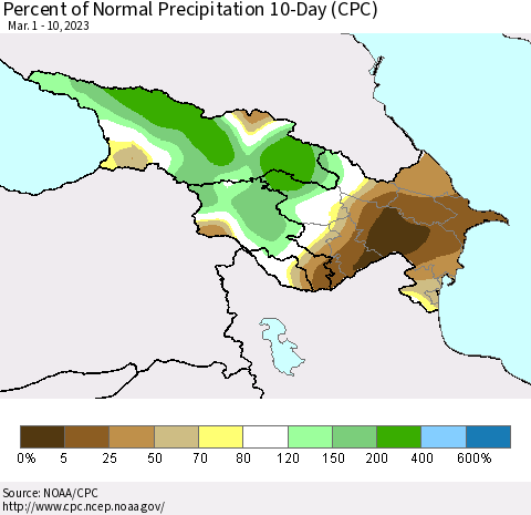 Azerbaijan, Armenia and Georgia Percent of Normal Precipitation 10-Day (CPC) Thematic Map For 3/1/2023 - 3/10/2023