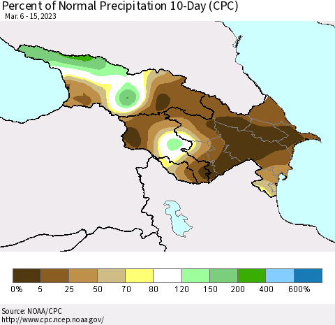 Azerbaijan, Armenia and Georgia Percent of Normal Precipitation 10-Day (CPC) Thematic Map For 3/6/2023 - 3/15/2023