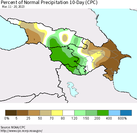 Azerbaijan, Armenia and Georgia Percent of Normal Precipitation 10-Day (CPC) Thematic Map For 3/11/2023 - 3/20/2023