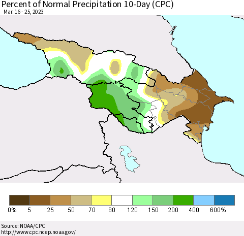 Azerbaijan, Armenia and Georgia Percent of Normal Precipitation 10-Day (CPC) Thematic Map For 3/16/2023 - 3/25/2023