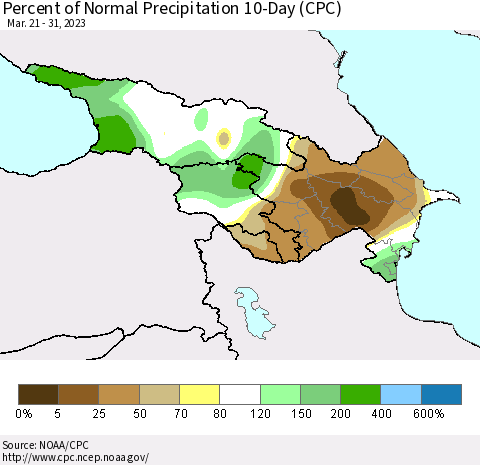 Azerbaijan, Armenia and Georgia Percent of Normal Precipitation 10-Day (CPC) Thematic Map For 3/21/2023 - 3/31/2023
