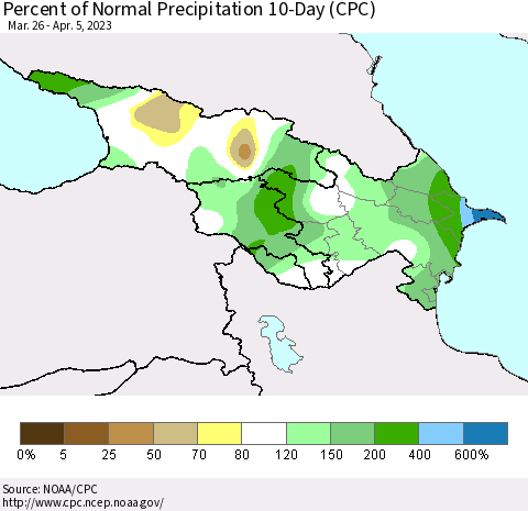 Azerbaijan, Armenia and Georgia Percent of Normal Precipitation 10-Day (CPC) Thematic Map For 3/26/2023 - 4/5/2023