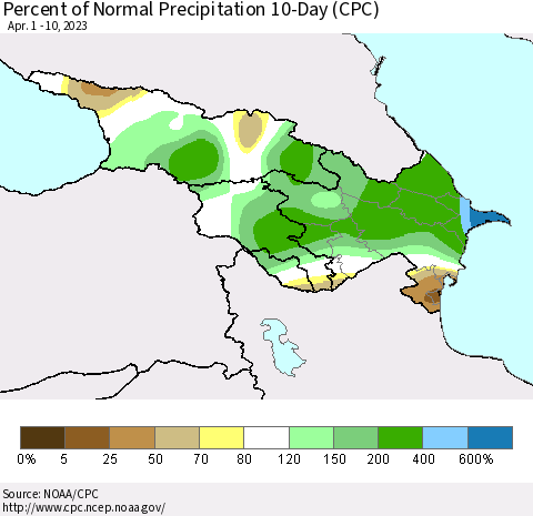 Azerbaijan, Armenia and Georgia Percent of Normal Precipitation 10-Day (CPC) Thematic Map For 4/1/2023 - 4/10/2023