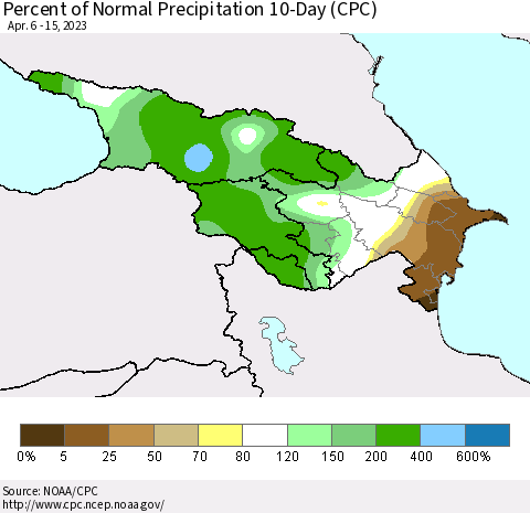 Azerbaijan, Armenia and Georgia Percent of Normal Precipitation 10-Day (CPC) Thematic Map For 4/6/2023 - 4/15/2023