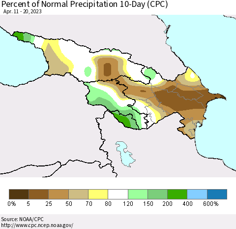 Azerbaijan, Armenia and Georgia Percent of Normal Precipitation 10-Day (CPC) Thematic Map For 4/11/2023 - 4/20/2023