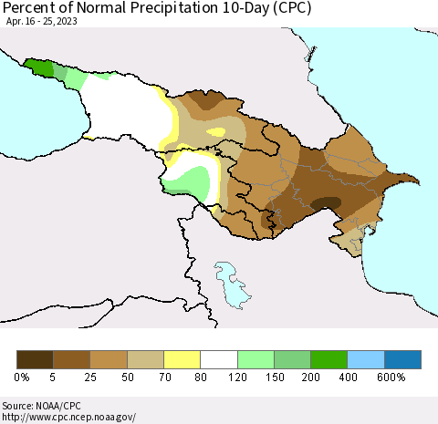 Azerbaijan, Armenia and Georgia Percent of Normal Precipitation 10-Day (CPC) Thematic Map For 4/16/2023 - 4/25/2023