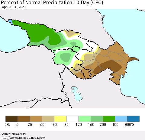 Azerbaijan, Armenia and Georgia Percent of Normal Precipitation 10-Day (CPC) Thematic Map For 4/21/2023 - 4/30/2023