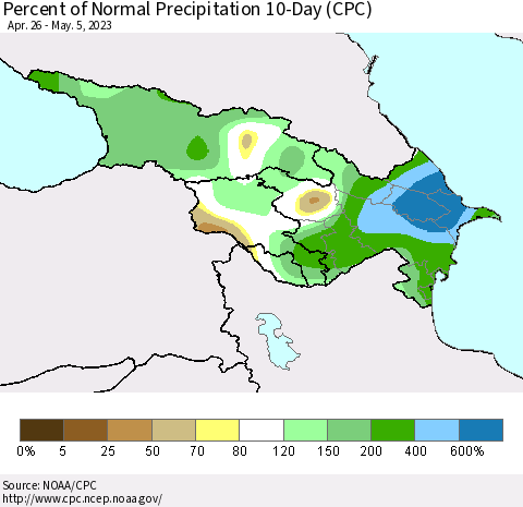 Azerbaijan, Armenia and Georgia Percent of Normal Precipitation 10-Day (CPC) Thematic Map For 4/26/2023 - 5/5/2023