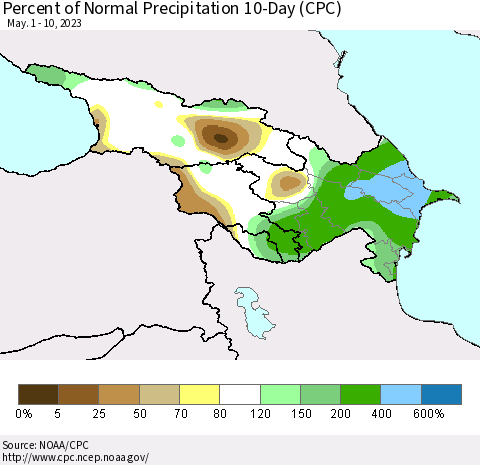 Azerbaijan, Armenia and Georgia Percent of Normal Precipitation 10-Day (CPC) Thematic Map For 5/1/2023 - 5/10/2023