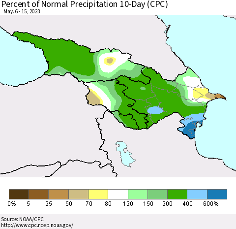 Azerbaijan, Armenia and Georgia Percent of Normal Precipitation 10-Day (CPC) Thematic Map For 5/6/2023 - 5/15/2023