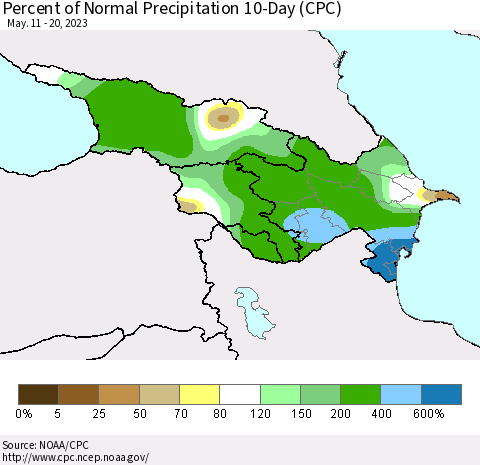 Azerbaijan, Armenia and Georgia Percent of Normal Precipitation 10-Day (CPC) Thematic Map For 5/11/2023 - 5/20/2023