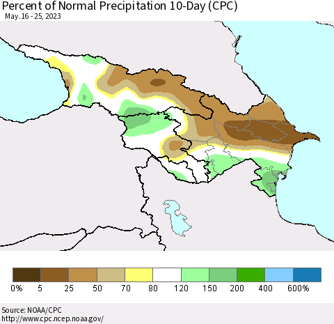 Azerbaijan, Armenia and Georgia Percent of Normal Precipitation 10-Day (CPC) Thematic Map For 5/16/2023 - 5/25/2023