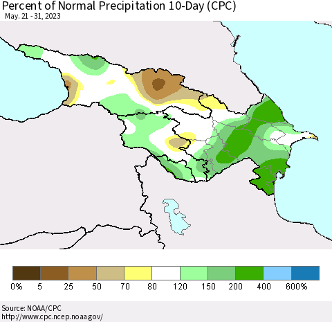 Azerbaijan, Armenia and Georgia Percent of Normal Precipitation 10-Day (CPC) Thematic Map For 5/21/2023 - 5/31/2023