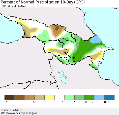 Azerbaijan, Armenia and Georgia Percent of Normal Precipitation 10-Day (CPC) Thematic Map For 5/26/2023 - 6/5/2023