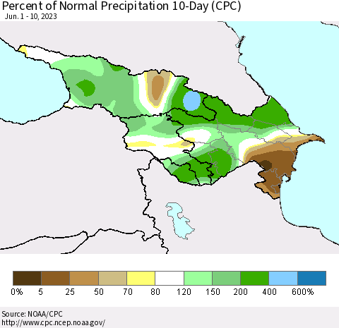 Azerbaijan, Armenia and Georgia Percent of Normal Precipitation 10-Day (CPC) Thematic Map For 6/1/2023 - 6/10/2023
