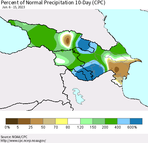 Azerbaijan, Armenia and Georgia Percent of Normal Precipitation 10-Day (CPC) Thematic Map For 6/6/2023 - 6/15/2023