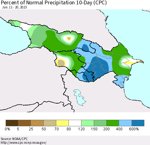 Azerbaijan, Armenia and Georgia Percent of Normal Precipitation 10-Day (CPC) Thematic Map For 6/11/2023 - 6/20/2023