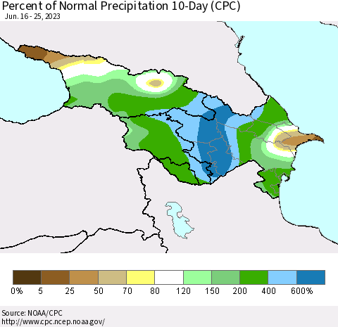 Azerbaijan, Armenia and Georgia Percent of Normal Precipitation 10-Day (CPC) Thematic Map For 6/16/2023 - 6/25/2023