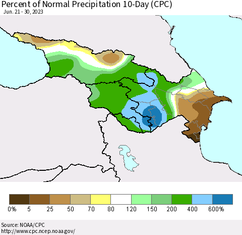 Azerbaijan, Armenia and Georgia Percent of Normal Precipitation 10-Day (CPC) Thematic Map For 6/21/2023 - 6/30/2023