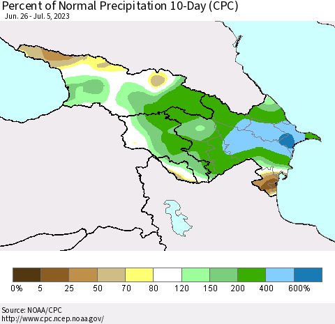 Azerbaijan, Armenia and Georgia Percent of Normal Precipitation 10-Day (CPC) Thematic Map For 6/26/2023 - 7/5/2023