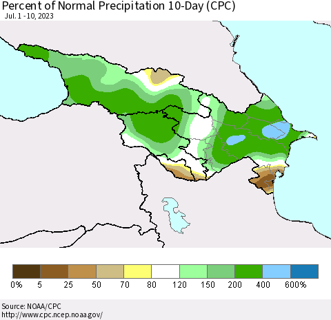 Azerbaijan, Armenia and Georgia Percent of Normal Precipitation 10-Day (CPC) Thematic Map For 7/1/2023 - 7/10/2023