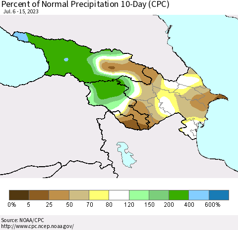 Azerbaijan, Armenia and Georgia Percent of Normal Precipitation 10-Day (CPC) Thematic Map For 7/6/2023 - 7/15/2023