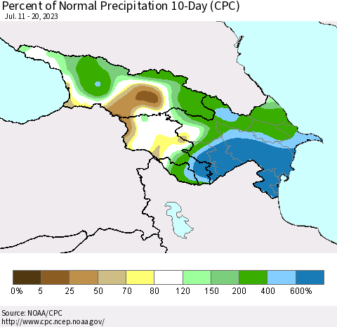 Azerbaijan, Armenia and Georgia Percent of Normal Precipitation 10-Day (CPC) Thematic Map For 7/11/2023 - 7/20/2023