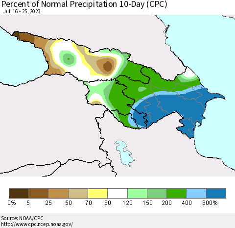 Azerbaijan, Armenia and Georgia Percent of Normal Precipitation 10-Day (CPC) Thematic Map For 7/16/2023 - 7/25/2023