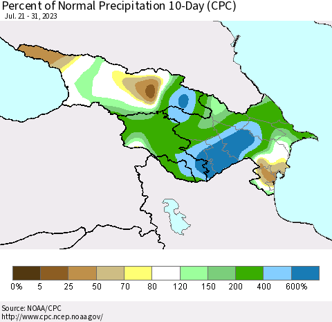 Azerbaijan, Armenia and Georgia Percent of Normal Precipitation 10-Day (CPC) Thematic Map For 7/21/2023 - 7/31/2023