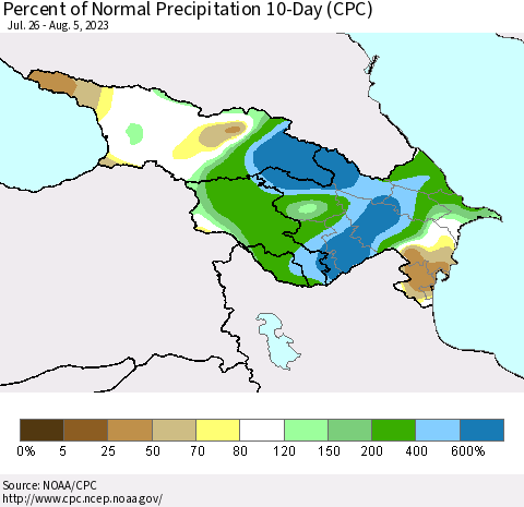 Azerbaijan, Armenia and Georgia Percent of Normal Precipitation 10-Day (CPC) Thematic Map For 7/26/2023 - 8/5/2023
