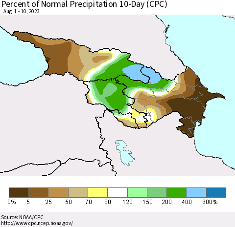 Azerbaijan, Armenia and Georgia Percent of Normal Precipitation 10-Day (CPC) Thematic Map For 8/1/2023 - 8/10/2023