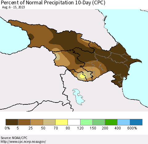 Azerbaijan, Armenia and Georgia Percent of Normal Precipitation 10-Day (CPC) Thematic Map For 8/6/2023 - 8/15/2023