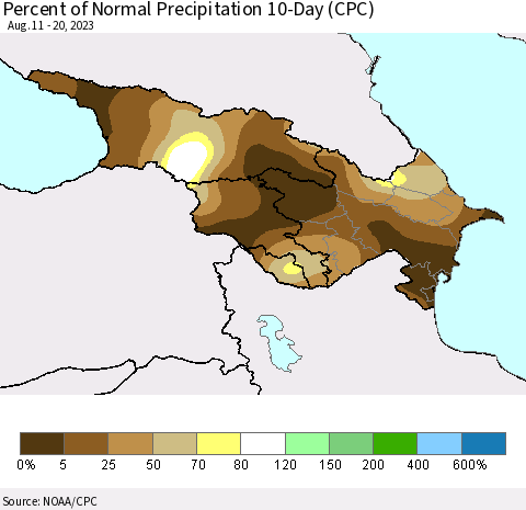 Azerbaijan, Armenia and Georgia Percent of Normal Precipitation 10-Day (CPC) Thematic Map For 8/11/2023 - 8/20/2023